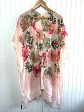 Bijorca Floral Metallic Kimono Cover Up Pink Boho Lightweight Wrap OS Romantic